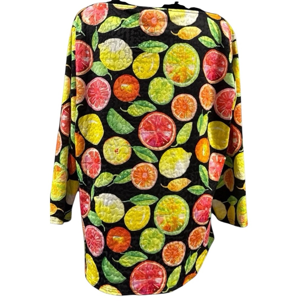 Vintage New Peck & Peck‎ XL Citrus Fruit Print Top Black Lemons Made USA Orange - Picture 5 of 8